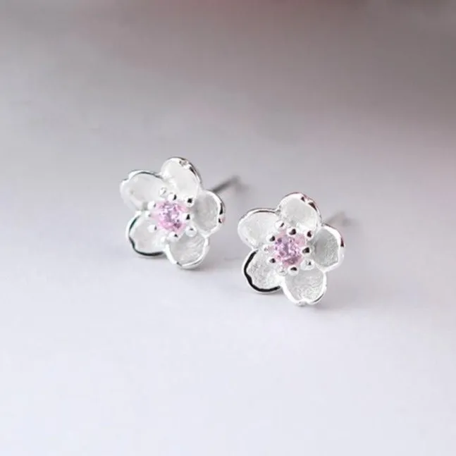 Flower Pink Zircon Stud Earrings 925 Sterling Silver For Women Jewelry