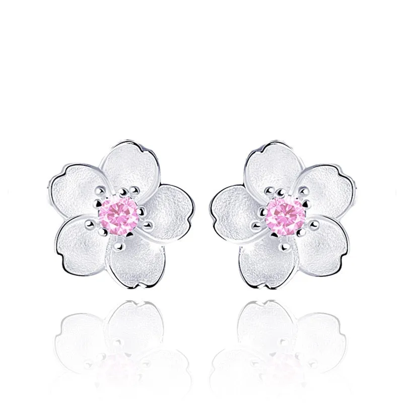 Flower Pink Zircon Stud Earrings 925 Sterling Silver For Women Jewelry