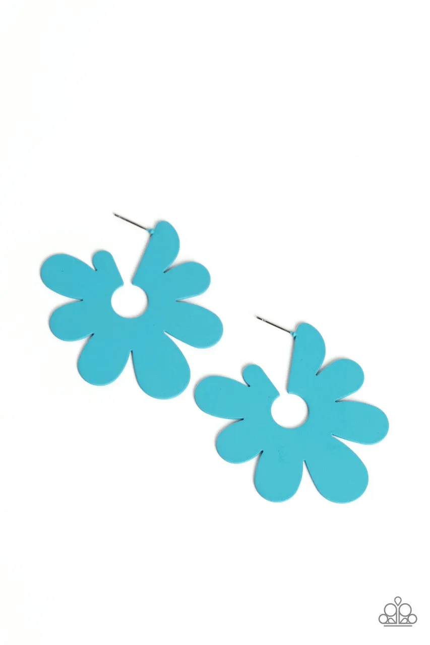 Flower Power Fantasy - Blue - Asymmetrical Flower Paparazzi Hoop Earrings