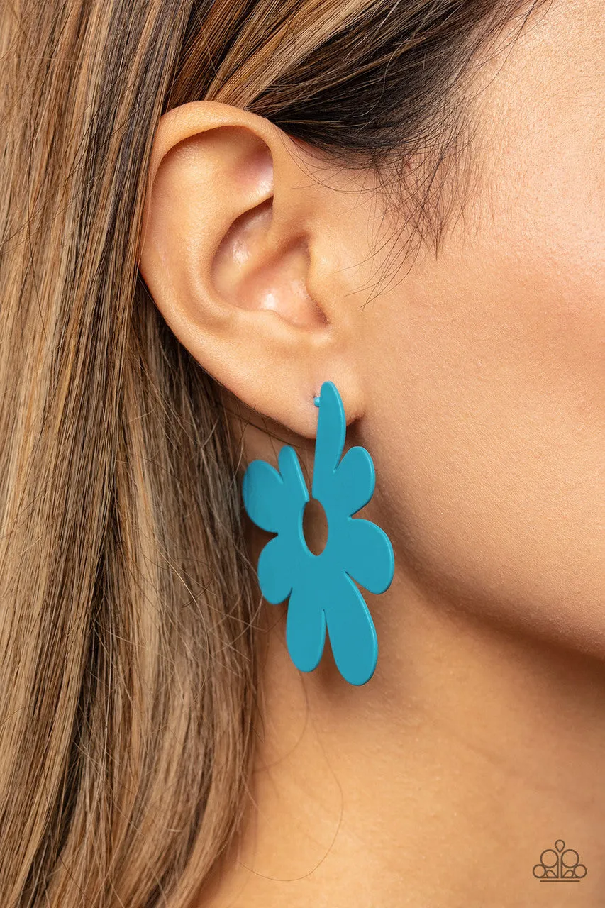 Flower Power Fantasy - Blue - Asymmetrical Flower Paparazzi Hoop Earrings