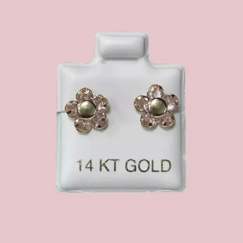 Flower Stud Earrings 14K Solid Yellow Gold With Safety Backing