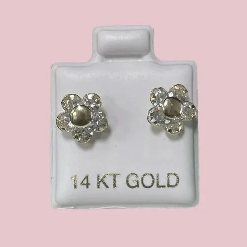 Flower Stud Earrings 14K Solid Yellow Gold With Safety Backing