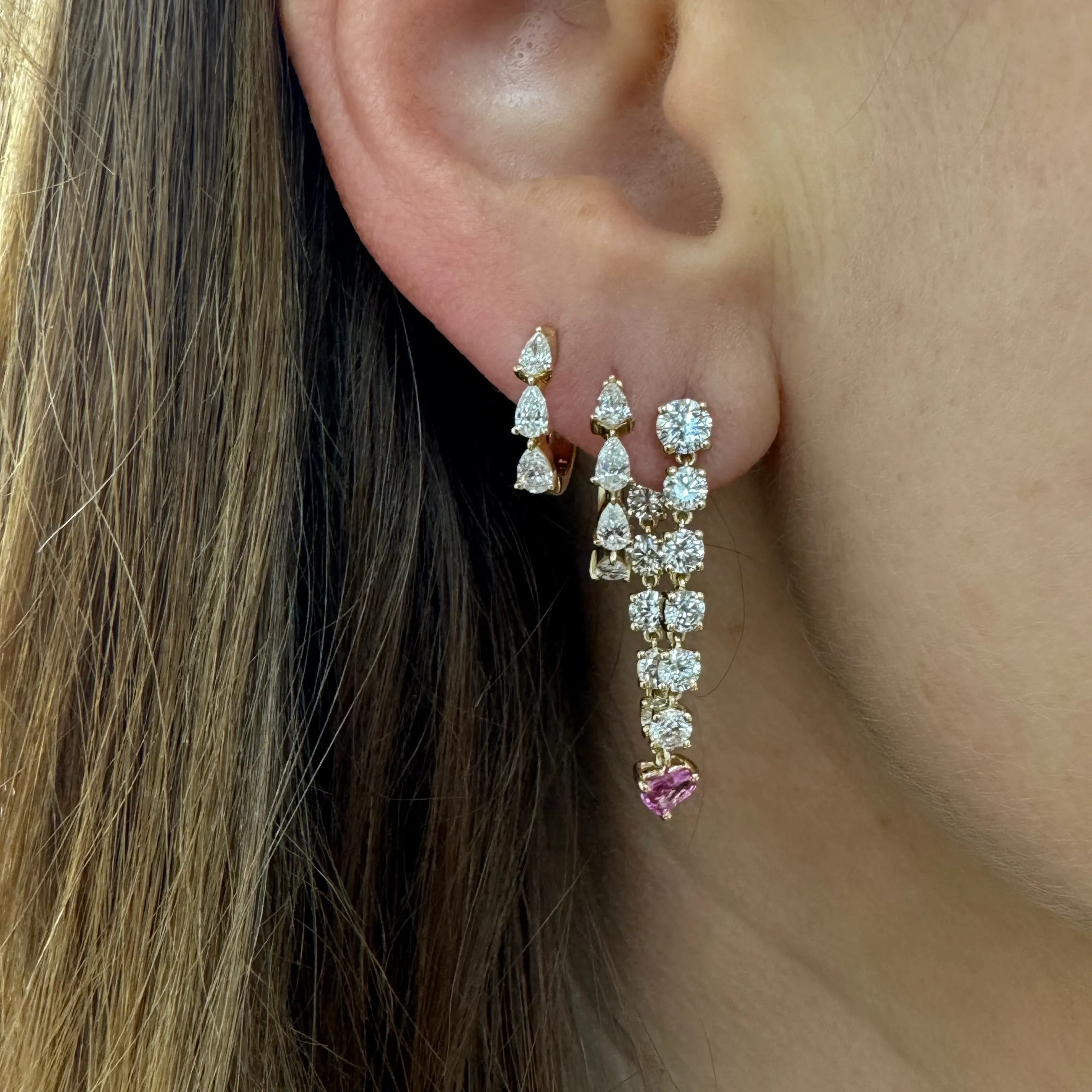 Front to Back Diamond Drape Earrings with Pink Sapphire Hearts