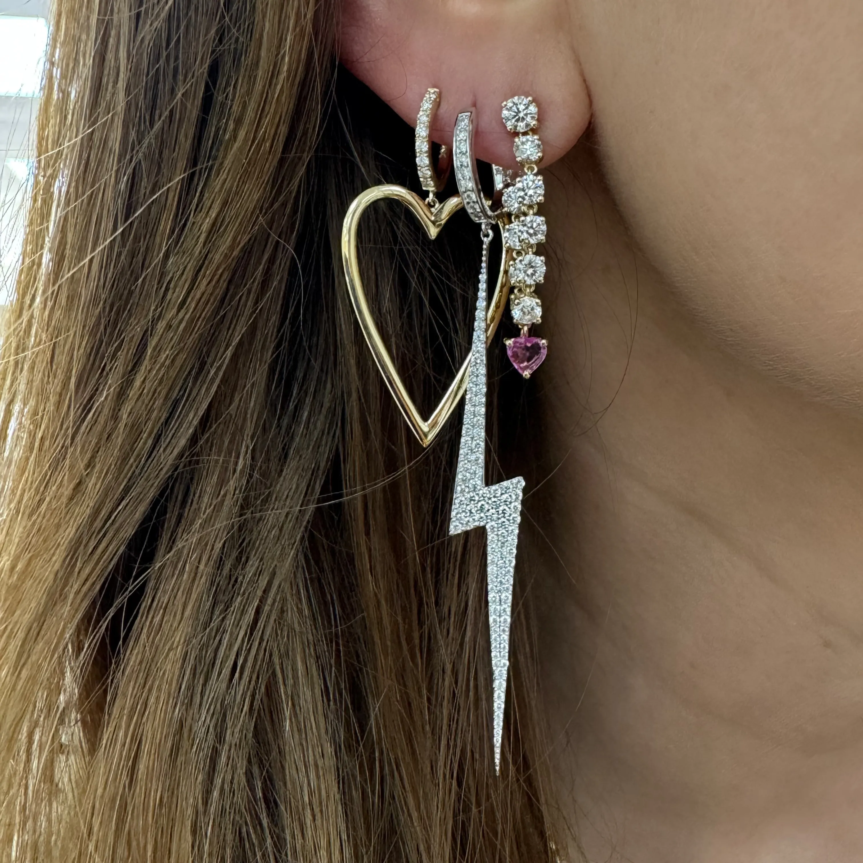 Front to Back Diamond Drape Earrings with Pink Sapphire Hearts