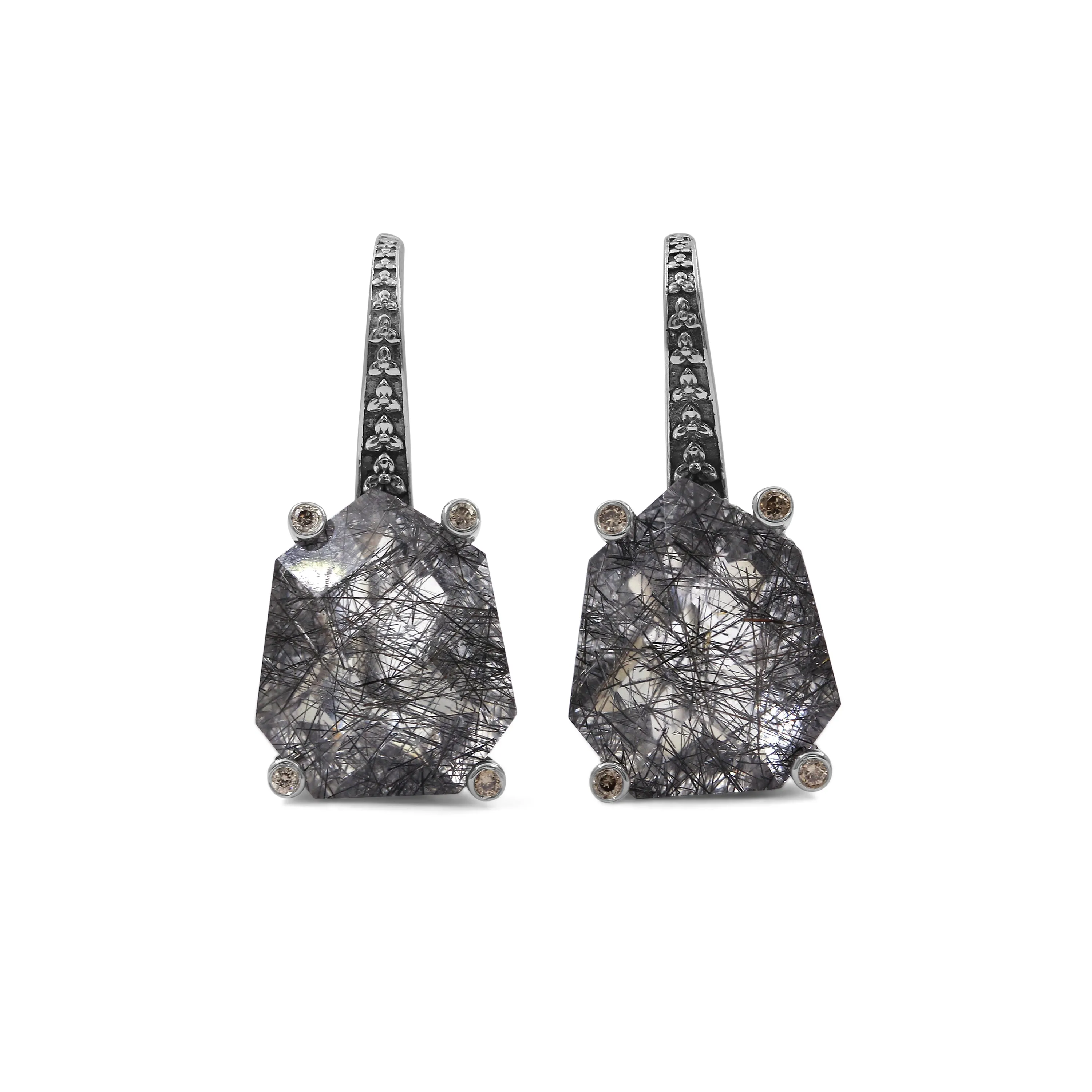 Galactical Black Tourmalated Quartz and Champagne Diamond Galactical Earrings in Sterling Silver