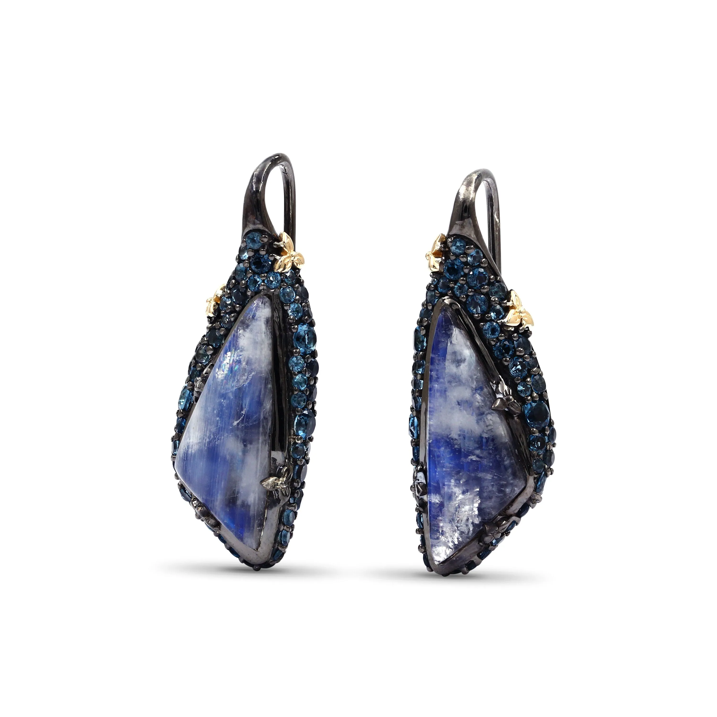 Garden of Stephen Rainbow Moonstone and London Blue Topaz Earrings in Sterling Silver with 18K Gold Flowers