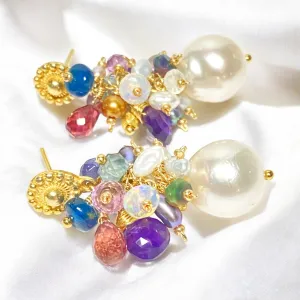 Gemstone Cluster Pearl Earrings, Amethyst, Opal, Pink Tourmaline, Gold Post
