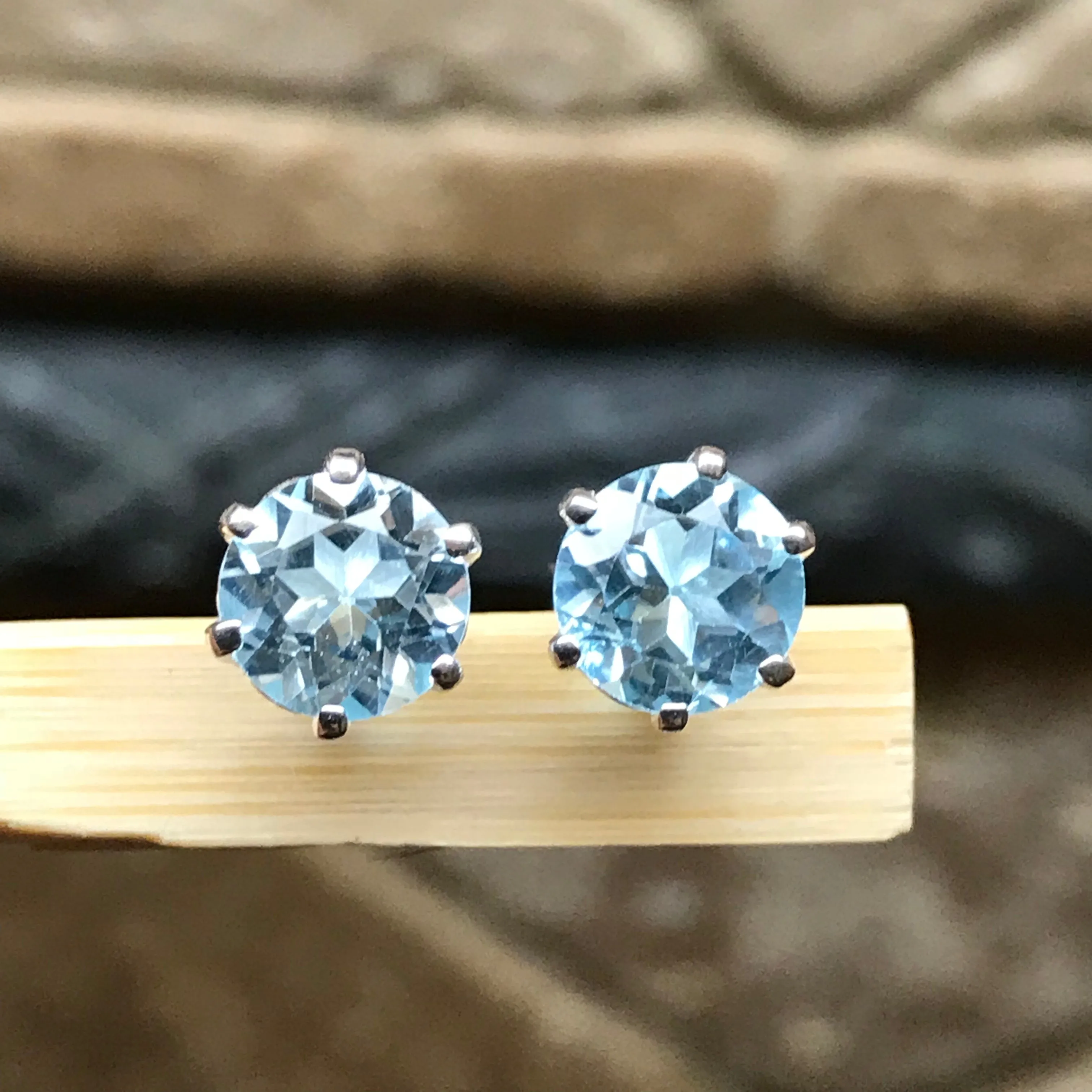 Genuine 2ct Blue Topaz 925 Solid Sterling Silver Stud Earrings 7mm