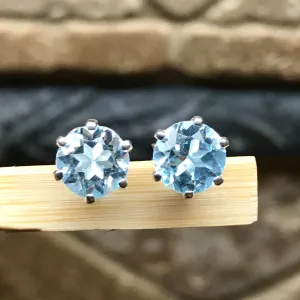 Genuine 2ct Blue Topaz 925 Solid Sterling Silver Stud Earrings 7mm