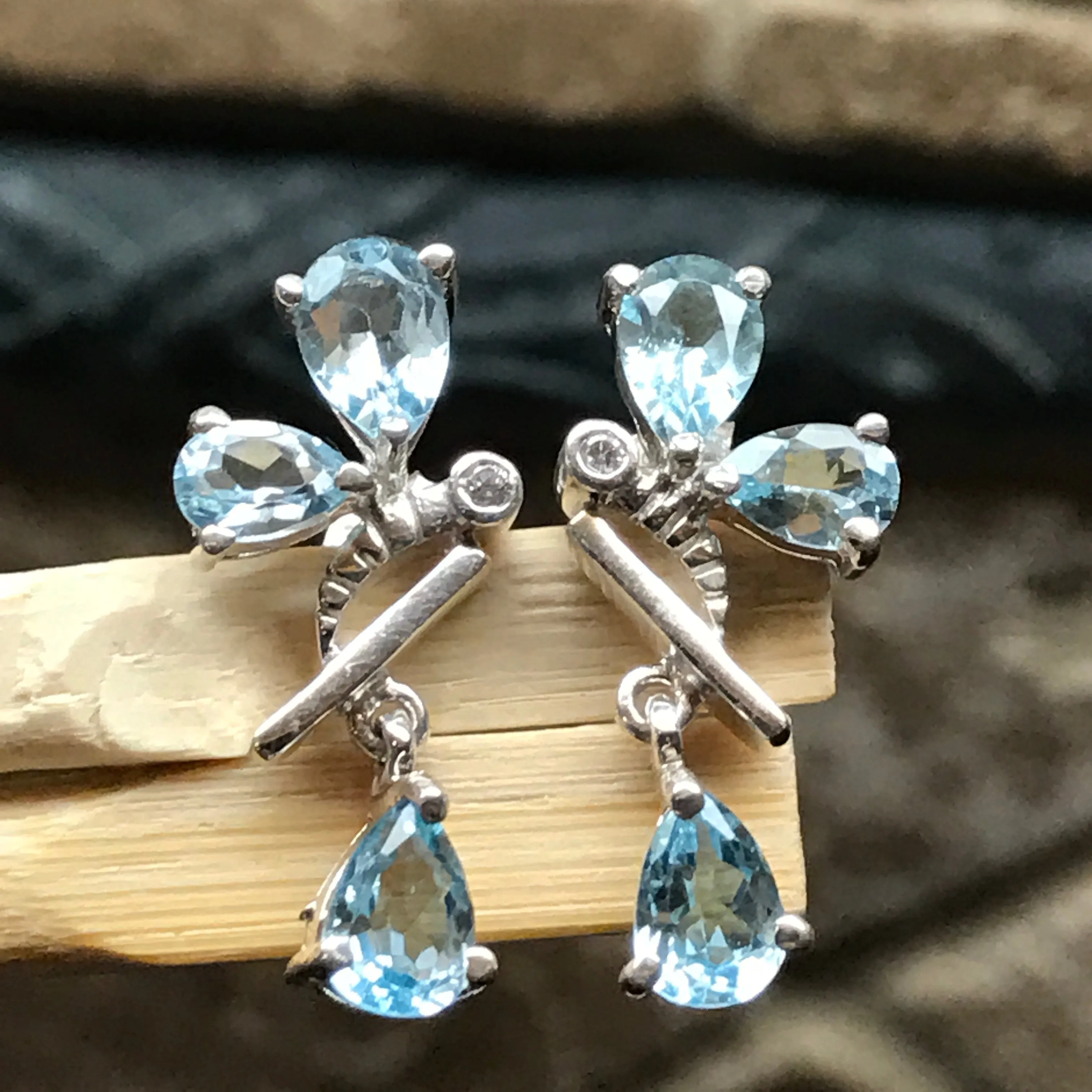 Genuine 4ct Blue Topaz 925 Solid Sterling Silver Bee Earrings 25mm