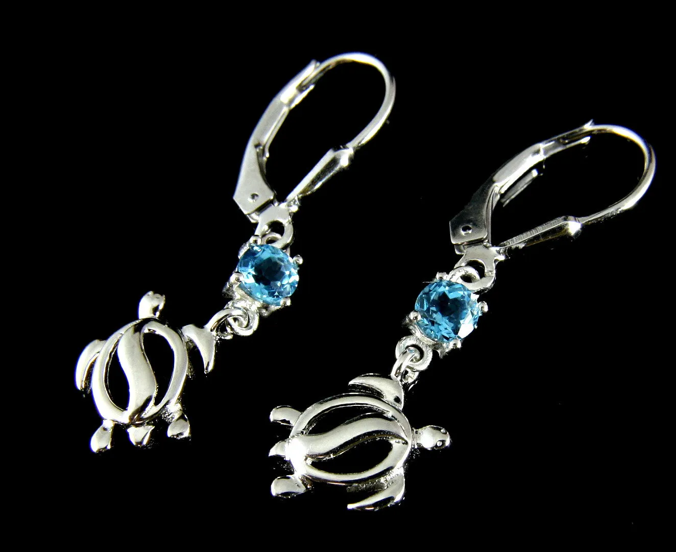 GENUINE BLUE TOPAZ SILVER 925 HAWAIIAN HONU TURTLE LEVERBACK EARRINGS