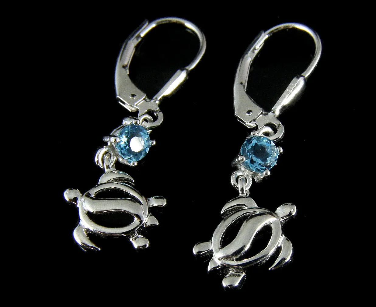 GENUINE BLUE TOPAZ SILVER 925 HAWAIIAN HONU TURTLE LEVERBACK EARRINGS