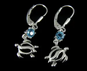 GENUINE BLUE TOPAZ SILVER 925 HAWAIIAN HONU TURTLE LEVERBACK EARRINGS