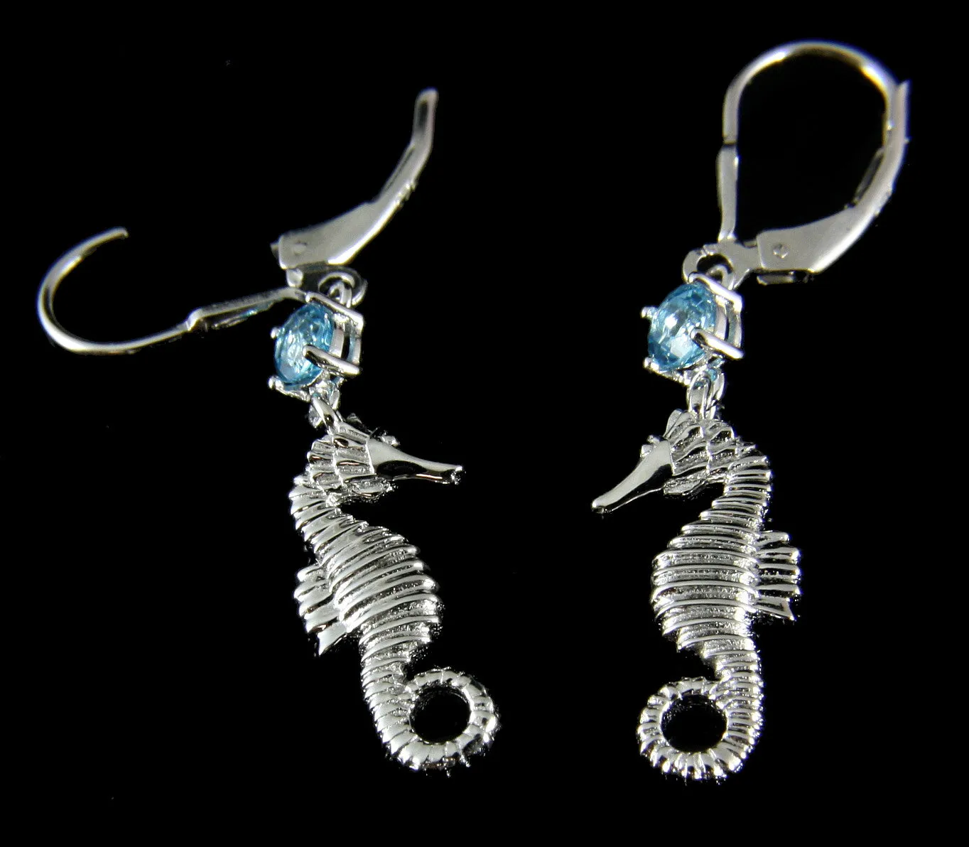 GENUINE BLUE TOPAZ SILVER 925 HAWAIIAN SEAHORSE LEVERBACK EARRINGS