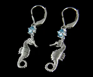 GENUINE BLUE TOPAZ SILVER 925 HAWAIIAN SEAHORSE LEVERBACK EARRINGS