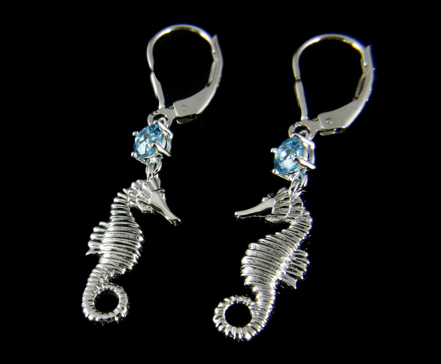 GENUINE BLUE TOPAZ SILVER 925 HAWAIIAN SEAHORSE LEVERBACK EARRINGS