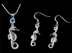 GENUINE BLUE TOPAZ SILVER 925 HAWAIIAN SEAHORSE PENDANT EARRINGS SET