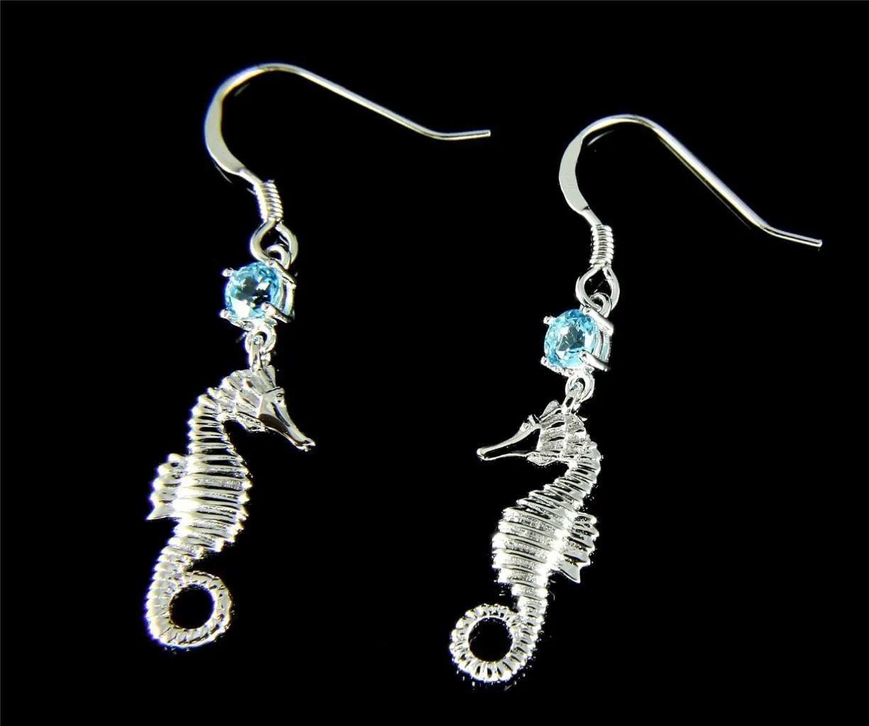 GENUINE BLUE TOPAZ SILVER 925 HAWAIIAN SEAHORSE PENDANT EARRINGS SET
