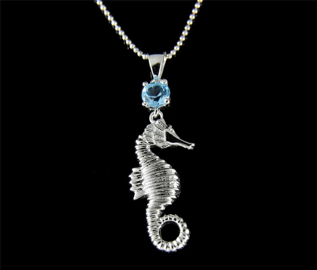 GENUINE BLUE TOPAZ SILVER 925 HAWAIIAN SEAHORSE PENDANT EARRINGS SET