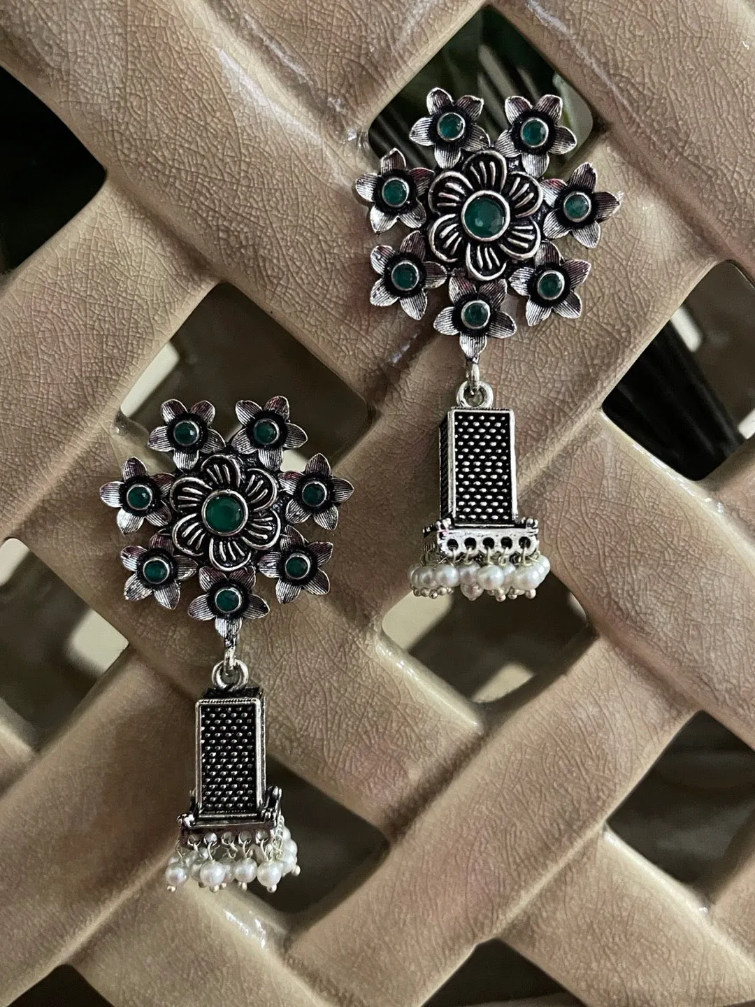German Oxidized Silver Earrings for Women Flower Designs Drop Earrings