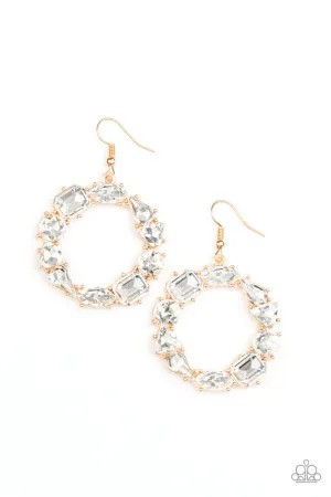 GLOWING in Circles - Gold - White Rhinestone Geometric Shape Hoop Paparazzi Fishhook Earrings