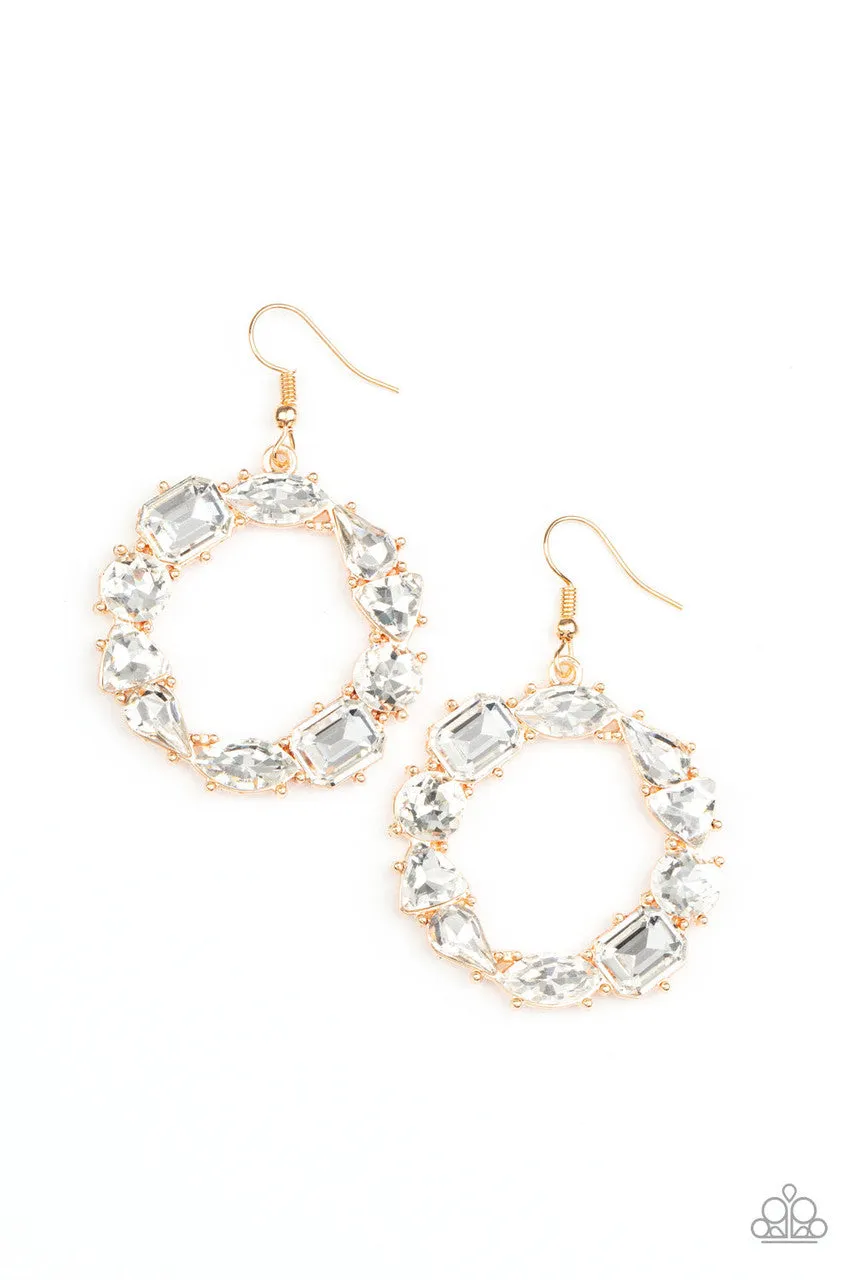GLOWING in Circles - Gold - White Rhinestone Geometric Shape Hoop Paparazzi Fishhook Earrings