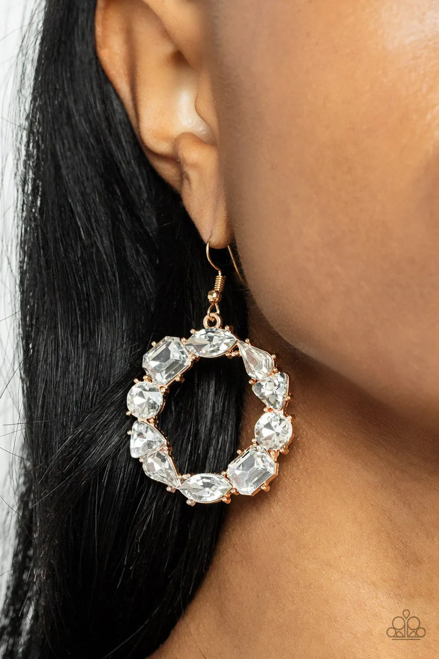 GLOWING in Circles - Gold - White Rhinestone Geometric Shape Hoop Paparazzi Fishhook Earrings