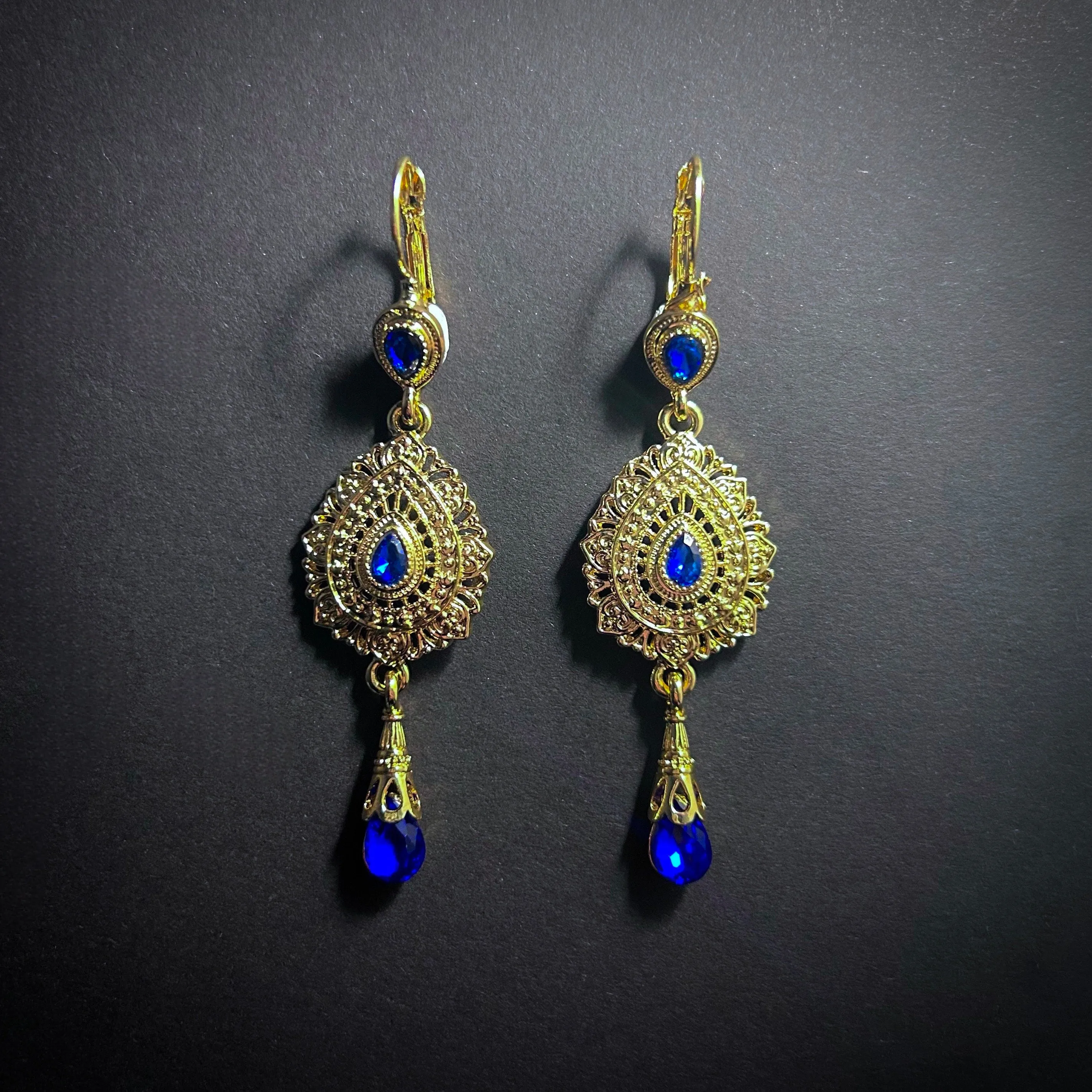 Gold & Sapphire Long Ornate Statement Earrings