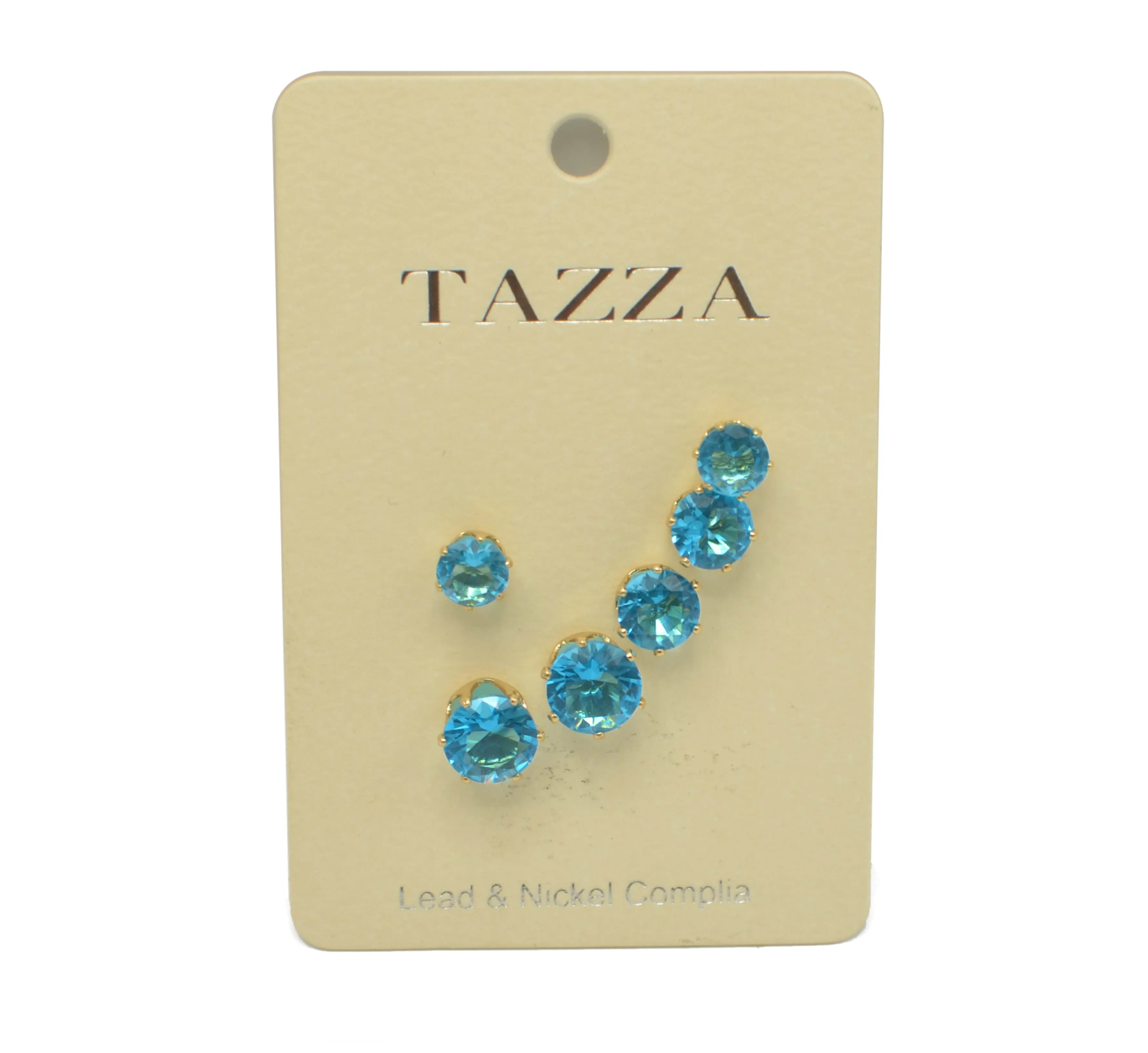 GOLD AQUA CRYSTAL 3 PAIR SET GRADUATED STUD EARRINGS #HNE86567GDAQ(SC6)