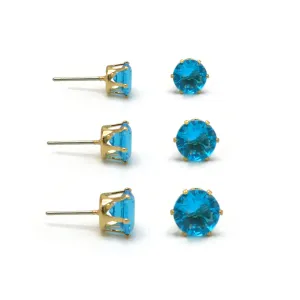 GOLD AQUA CRYSTAL 3 PAIR SET GRADUATED STUD EARRINGS #HNE86567GDAQ(SC6)