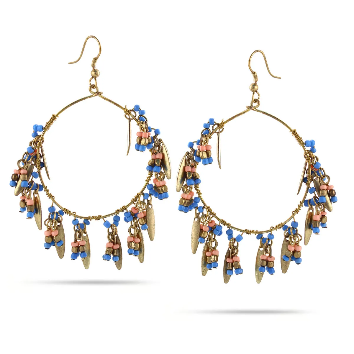 GOLD BLUE AND PINK BEADS DROP EARRINGS #ER-17985A (HA8)