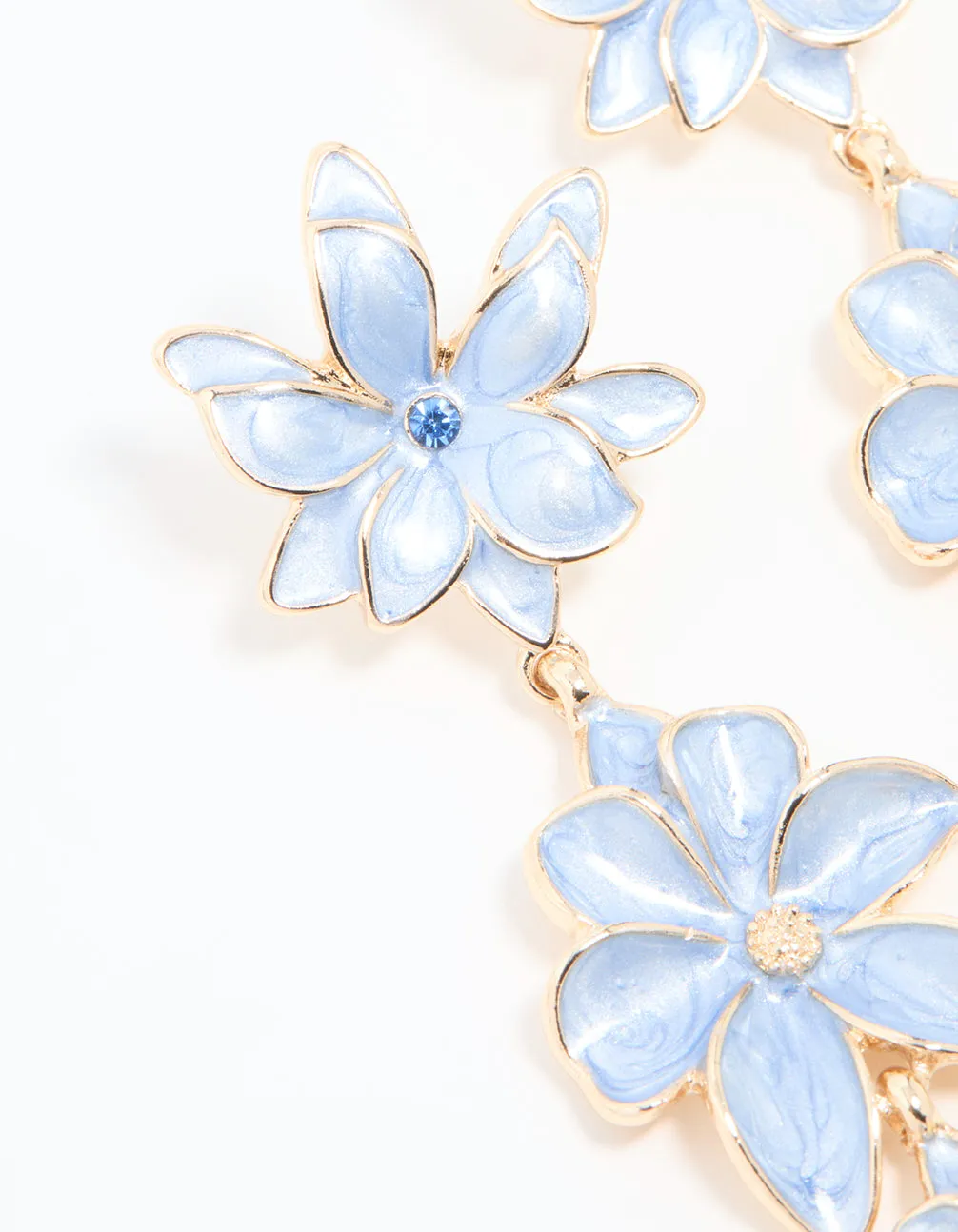 Gold Blue Triple Flower Drop Earrings