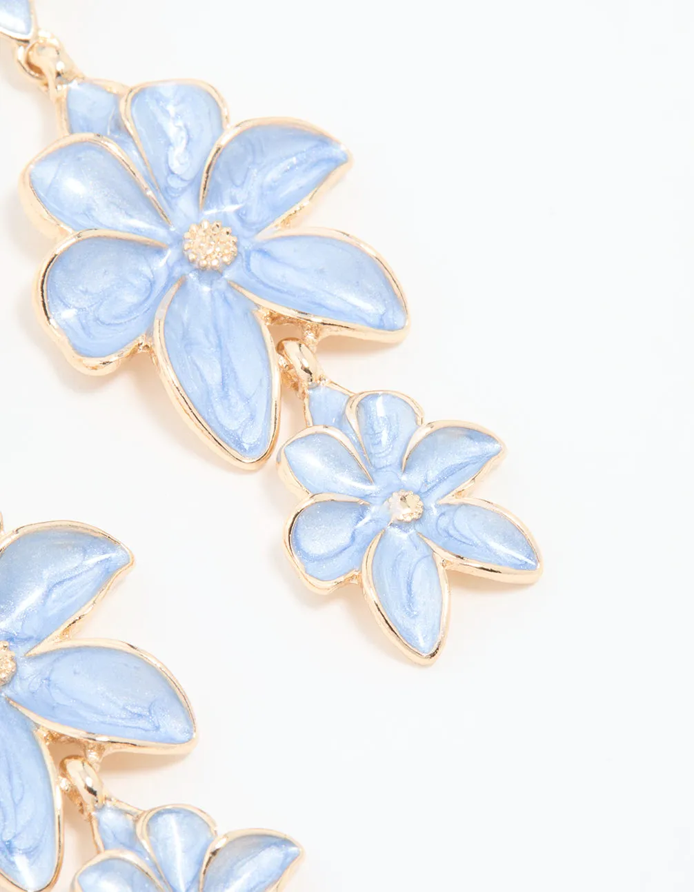 Gold Blue Triple Flower Drop Earrings