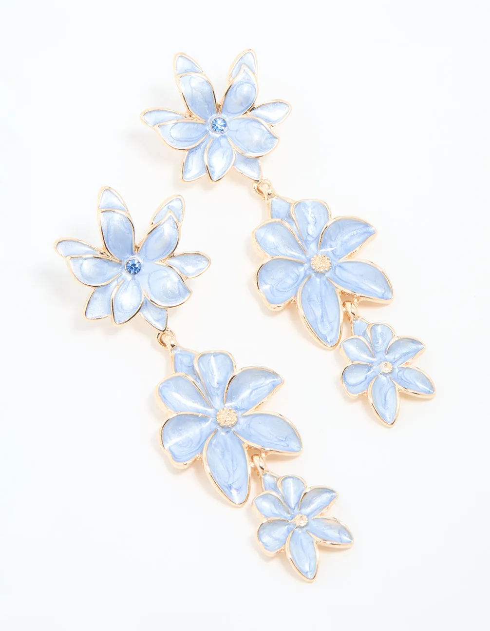 Gold Blue Triple Flower Drop Earrings