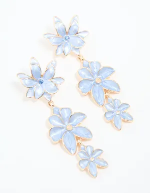 Gold Blue Triple Flower Drop Earrings