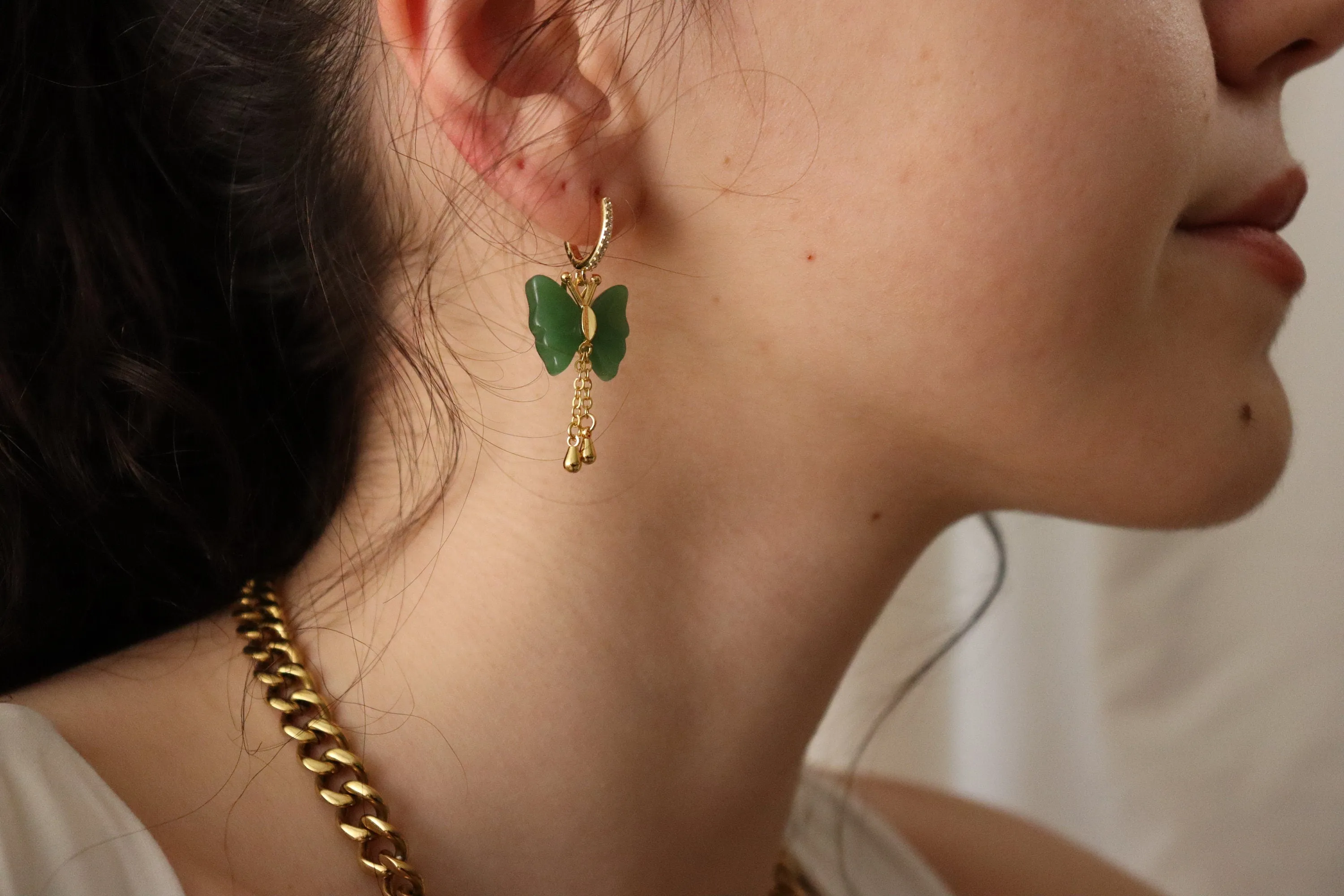 Gold  Butterfly Jade Necklace, WATERPROOF Chains, Gifts for Her.