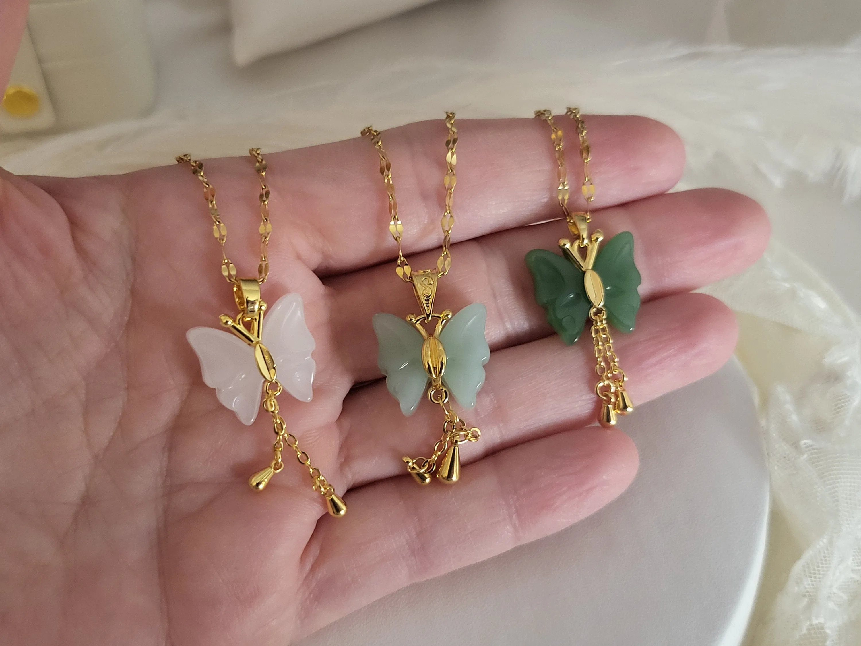 Gold  Butterfly Jade Necklace, WATERPROOF Chains, Gifts for Her.