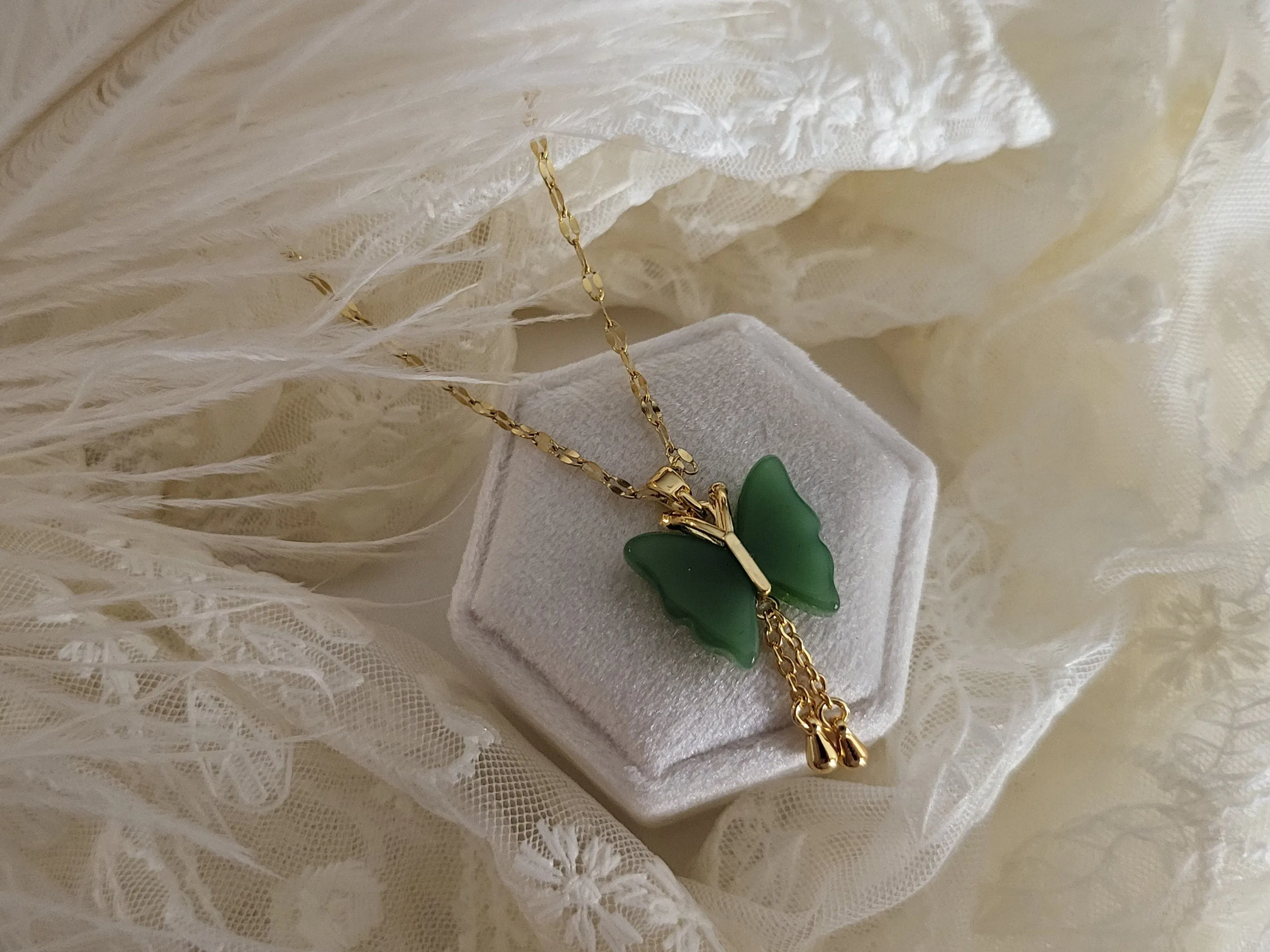 Gold  Butterfly Jade Necklace, WATERPROOF Chains, Gifts for Her.