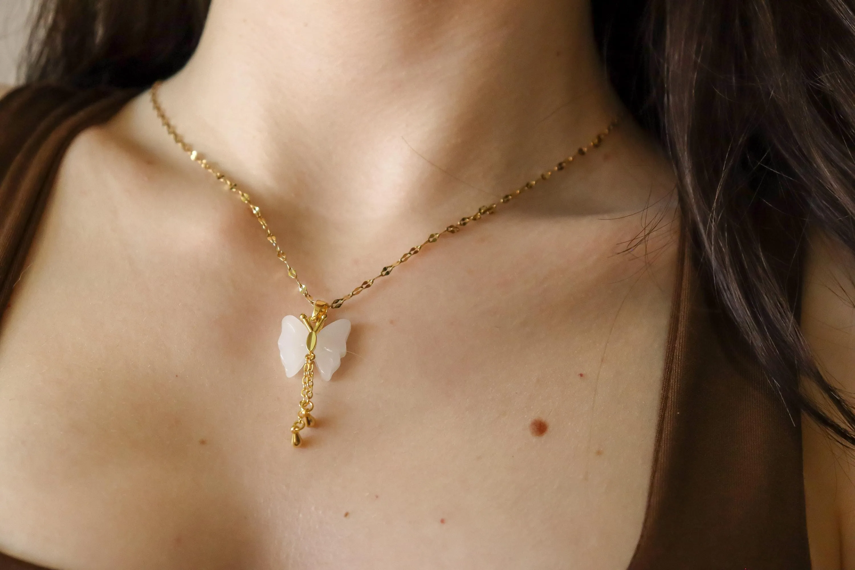 Gold  Butterfly Jade Necklace, WATERPROOF Chains, Gifts for Her.