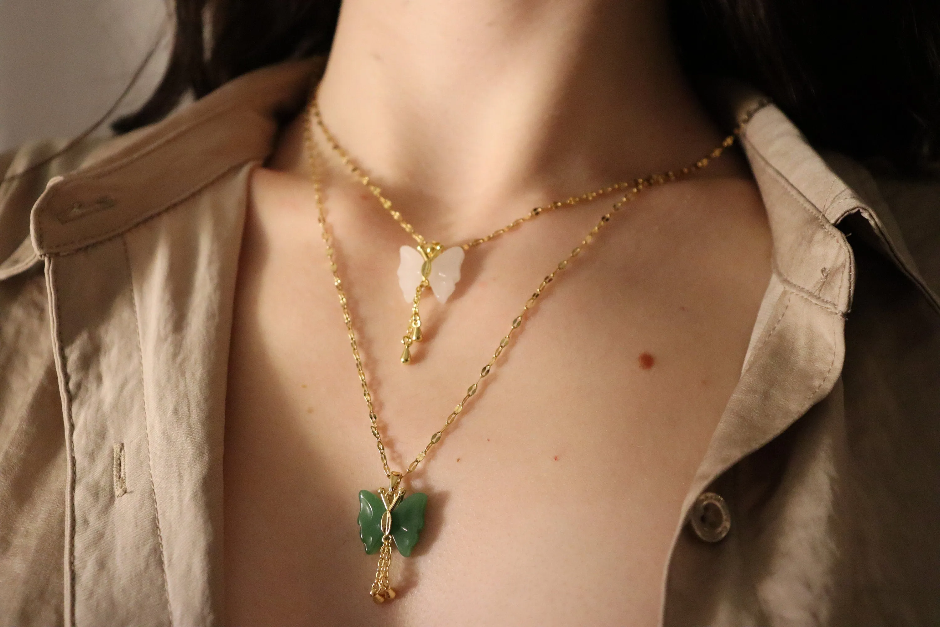 Gold  Butterfly Jade Necklace, WATERPROOF Chains, Gifts for Her.