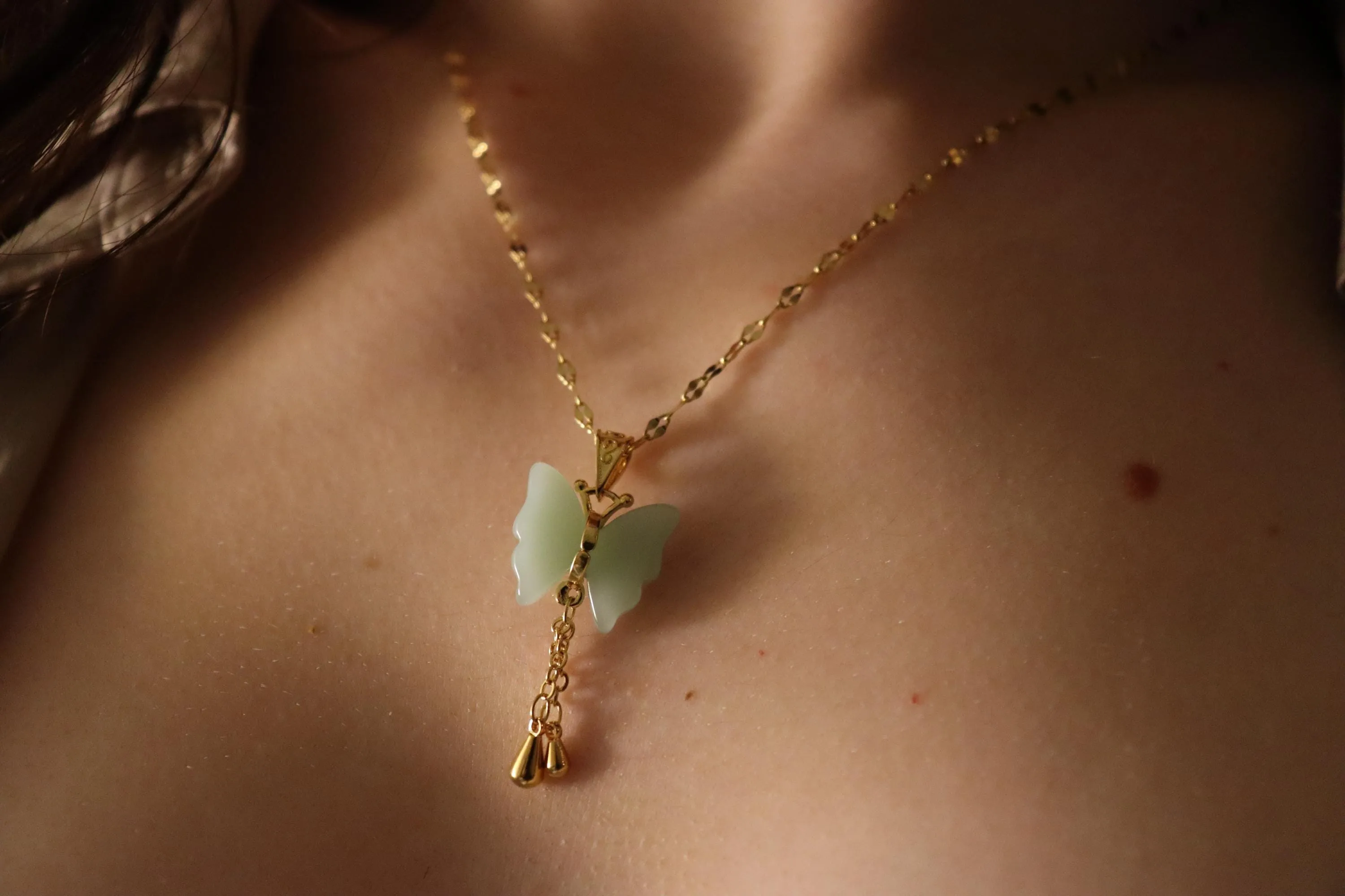 Gold  Butterfly Jade Necklace, WATERPROOF Chains, Gifts for Her.