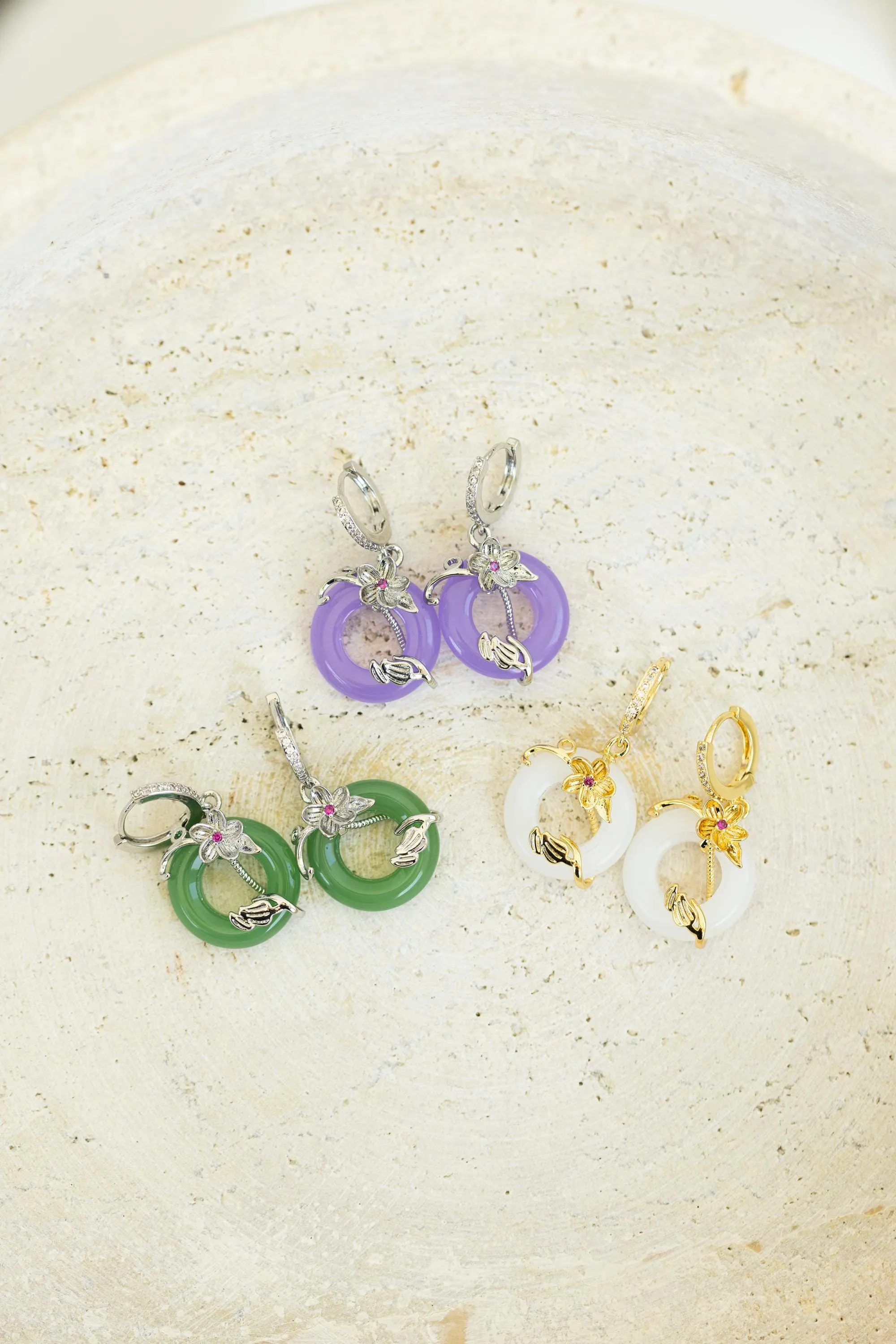 Gold  Circle Flower Jade Earrings,Jade Necklace, Gift For Mom , Bridesmaid  jewelry.