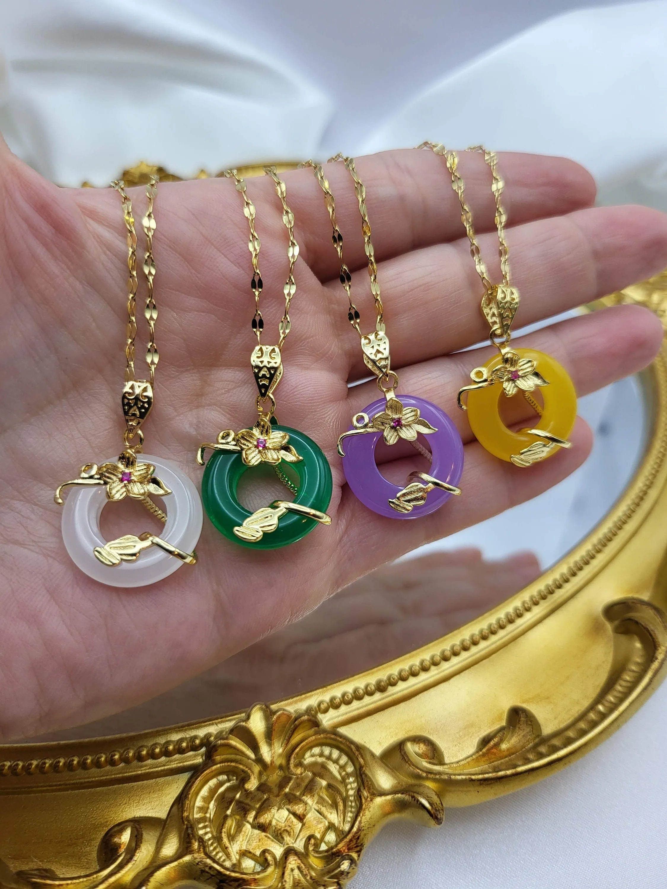Gold  Circle Flower Jade Earrings,Jade Necklace, Gift For Mom , Bridesmaid  jewelry.
