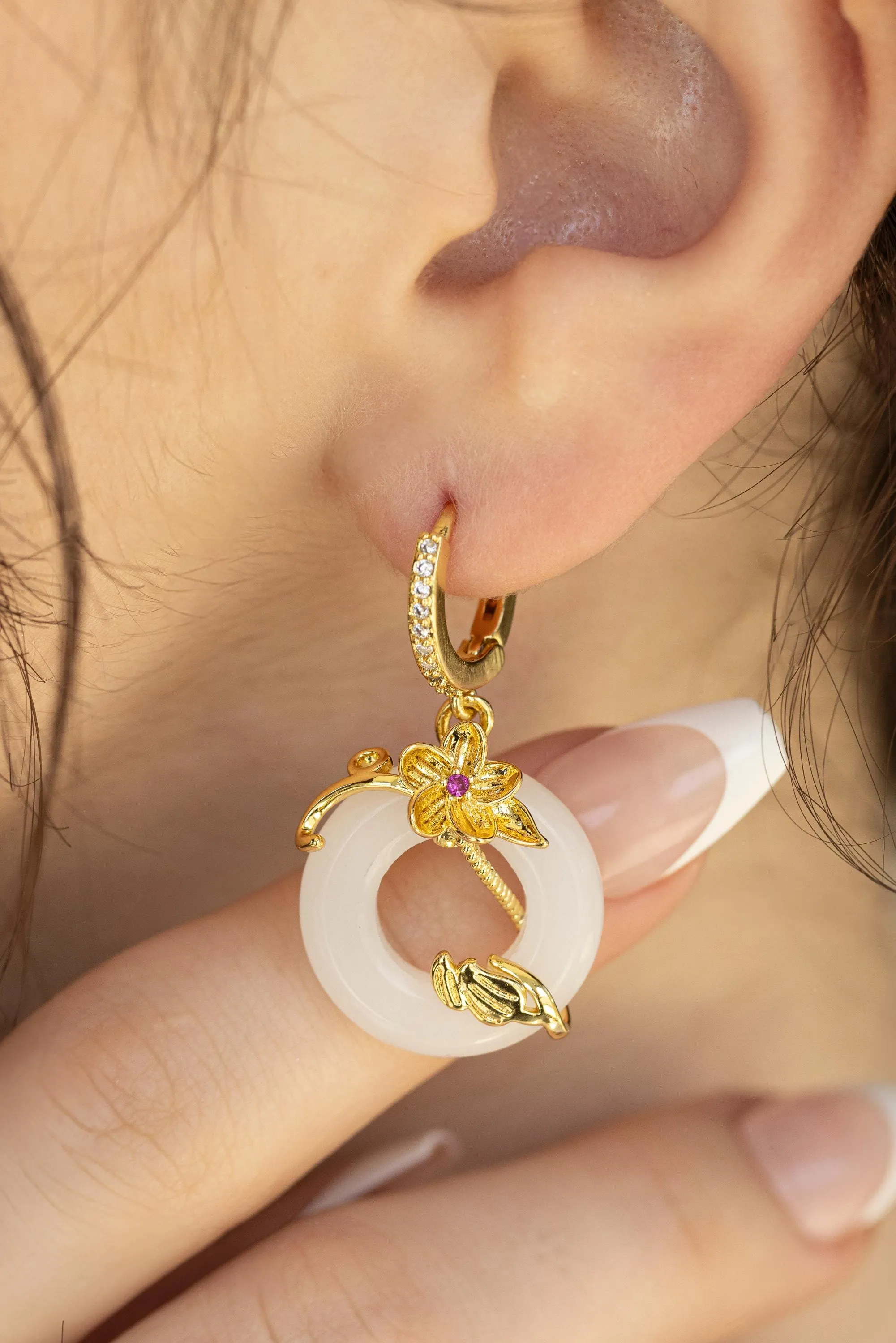 Gold  Circle Flower Jade Earrings,Jade Necklace, Gift For Mom , Bridesmaid  jewelry.