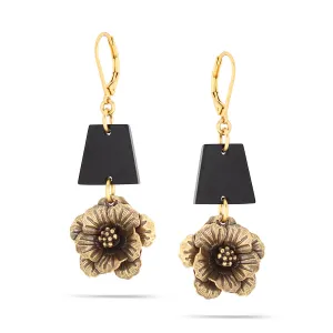 GOLD FLOWER BLACK DROP EARRINGS #195BK3101 (2C3)