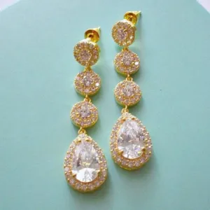 Gold Halo Crystal Wedding Earrings, Gold Long Teardrop Bridal Earrings, Long CZ Crystal Chandelier Earrings, Bridal Drop Dangle Earrings