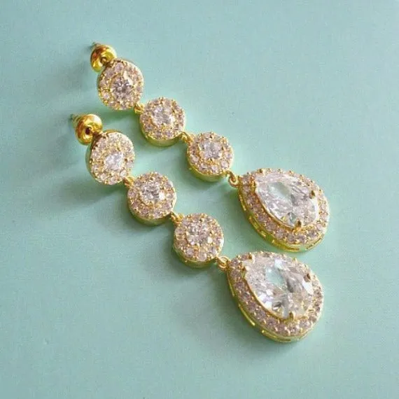Gold Halo Crystal Wedding Earrings, Gold Long Teardrop Bridal Earrings, Long CZ Crystal Chandelier Earrings, Bridal Drop Dangle Earrings