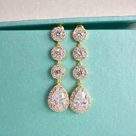 Gold Halo Crystal Wedding Earrings, Gold Long Teardrop Bridal Earrings, Long CZ Crystal Chandelier Earrings, Bridal Drop Dangle Earrings