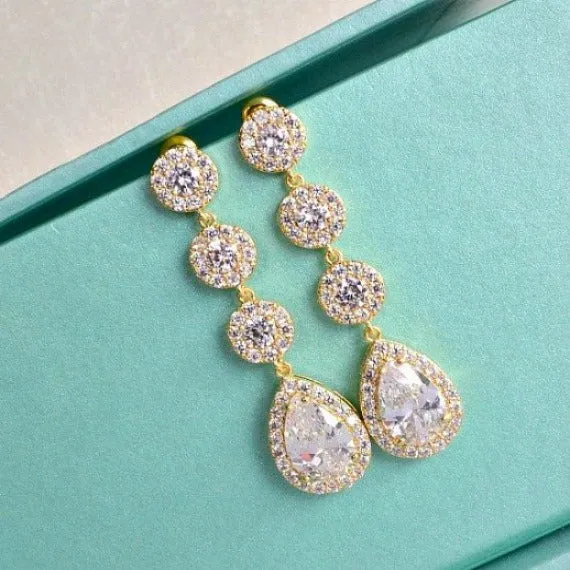 Gold Halo Crystal Wedding Earrings, Gold Long Teardrop Bridal Earrings, Long CZ Crystal Chandelier Earrings, Bridal Drop Dangle Earrings