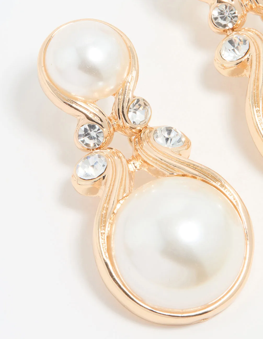 Gold Pearl Diamante Doorknocker Drop Earrings